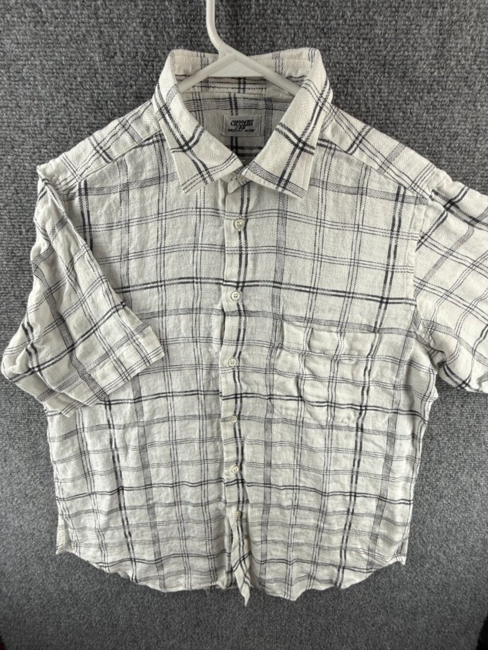 Cuzzens Italy Button Up Shirt Short Sleeve All Linen White Gray Check M/L Men